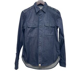 Bape A Bathing Ape Denim Embroidered Long Sleeve Blue Shirt Size Small